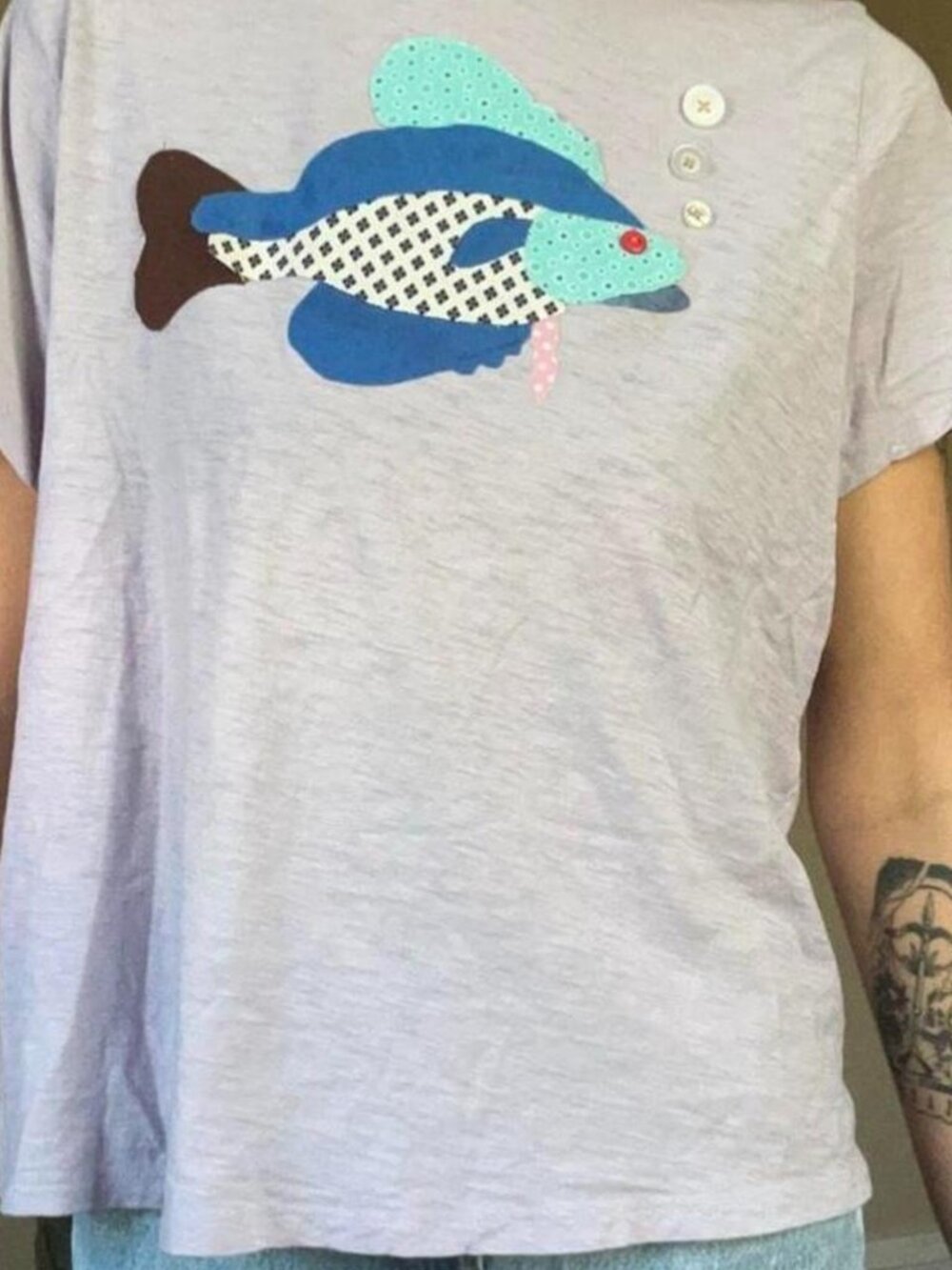 Vintage Fish Appliqué T-Shirt | Blue Fish Graphic Tee | Upcycled